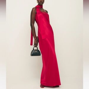 Satin Red Strapless Maxi Dress with Scarf